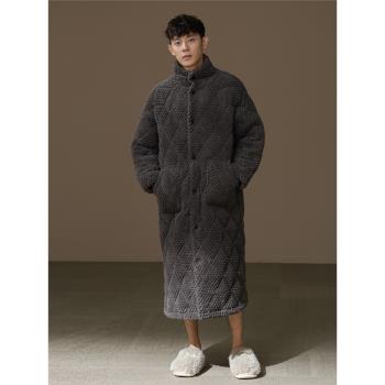 【超厚】三層夾棉男款睡袍冬季純色高領珊瑚絨保暖家居服長款棉襖