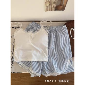 性感純欲風帶胸墊蕾絲吊帶夏天睡衣女款韓版風條紋短褲家居服套裝