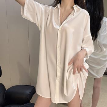 襯衫睡裙女士性感短袖梭織冰絲寬松睡衣純欲男友風網紅開衫家居服