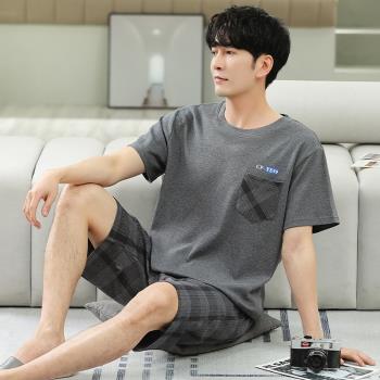 夏季純棉薄款男士睡衣春秋款短袖短褲男款大碼套裝夏天全棉家居服