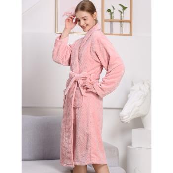 美標睡衣女秋冬季珊瑚絨睡袍純色保暖透氣家居服新品可外穿68081