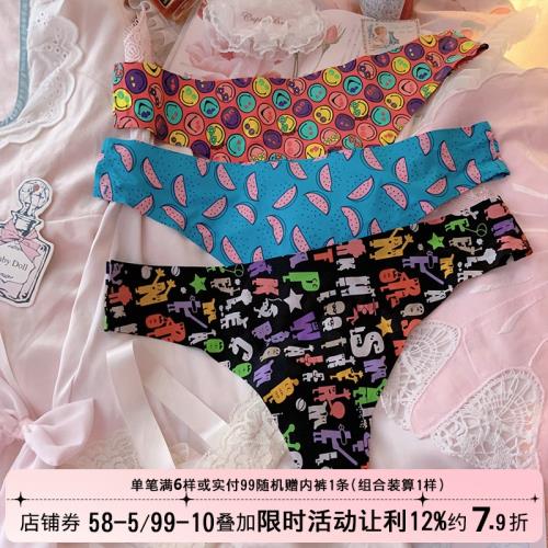 波普風可愛卡通超薄無痕冰絲內褲女士性感丁字褲T褲隱形瑜伽健身