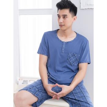男士睡衣春夏季短袖男式純棉薄款中老年加大碼長褲男款家居服套裝