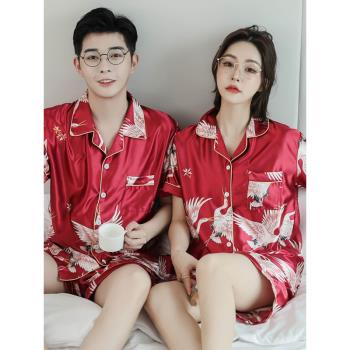 胖MM冰絲加肥大紅色結婚情侶睡衣