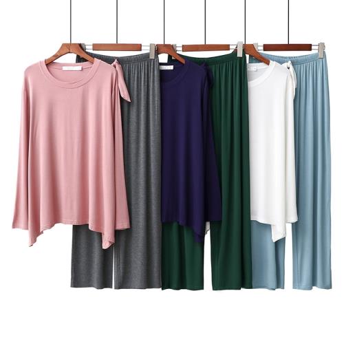 春秋薄款睡衣女 莫代爾長褲長袖空調屋家居服拼色套裝