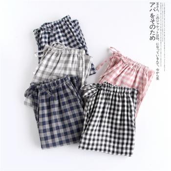 情侶春秋純棉雙層紗布女格子睡褲
