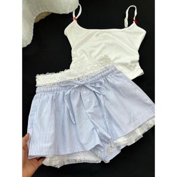 純色簡約純欲風性感吊帶睡衣女夏季2024新款蕾絲短褲家居服套裝夏