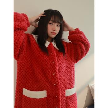 元氣草莓紅chao羊羔絨娃娃領睡裙
