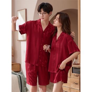 新婚紅色女條紋情侶模擬絲睡衣