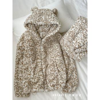 ins高階豹紋連帽珊瑚絨睡衣女冬季睡袍加厚加絨保暖家居服套裝冬