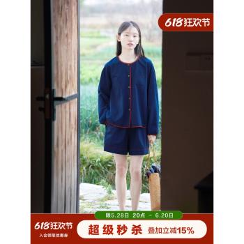 朵朵可可睡衣女24春夏新款純棉小格子圓領長袖短褲可外穿家居套裝