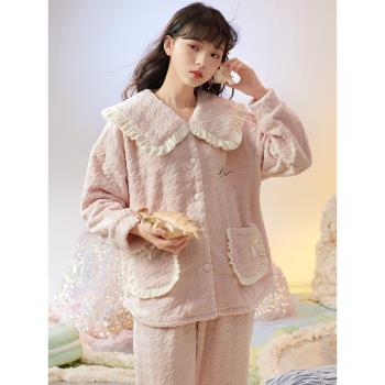 思莉太太珊瑚絨睡衣冬季女加厚加絨甜美可愛粉色少女心毛絨家居服