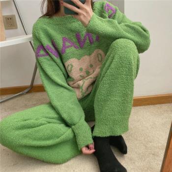 網紅羊毛絨小熊睡衣女秋冬季珊瑚絨加厚保暖軟棉棉套裝韓版家居服