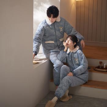 思莉太太情侶睡衣女冬款三層夾棉加厚加絨加棉男士超厚冬天家居服