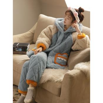 睡衣女冬珊瑚絨家居服秋冬季加厚加絨女士可愛法蘭絨夾棉保暖套裝