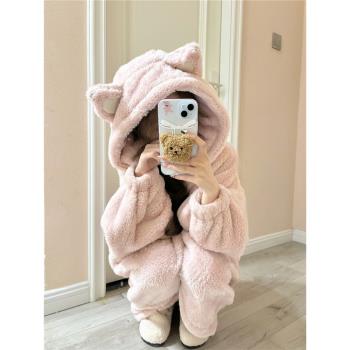 韓版可愛連帽珊瑚絨睡衣女秋冬款新款加絨加厚毛絨睡袍家居服睡裙