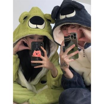 卡通連帽珊瑚絨睡衣女秋冬款2023新款情侶款加厚毛絨家居服套裝冬