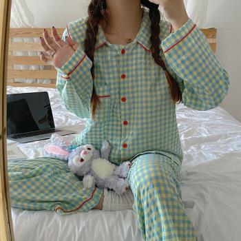 ins女春秋冬純棉格子小清新睡衣