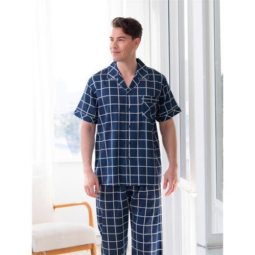 伊絲芬男睡衣純棉直貢薄夏季簡約格子對襟休閑青年藍灰色時尚套裝