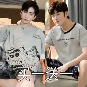 100%睡衣男士夏季純棉短袖短褲2024新款夏天男款大碼全棉家居服