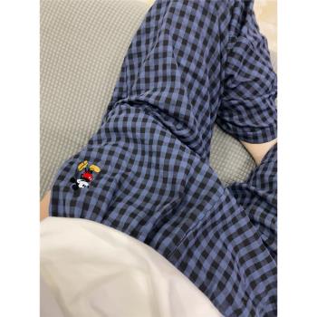 格子女款春秋季純棉大碼可愛睡褲