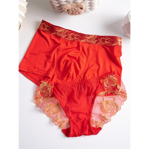 新郎新娘情侶內褲紅色結婚一男一女性感純欲風本命年蕾絲套裝龍年