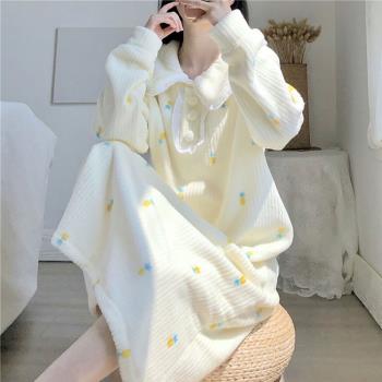 睡裙女中長款過膝珊瑚絨法蘭絨秋冬季寬松孕婦菠蘿印花睡衣家居服