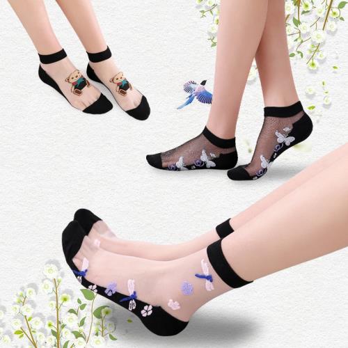 蕾絲襪女夏季短筒薄款防勾絲媽媽水晶玻璃耐磨透明純棉底防滑襪子