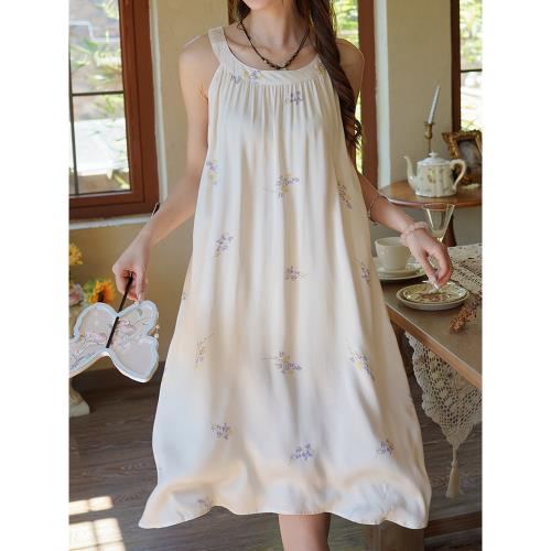 原創掛脖式吊帶睡裙女夏季輕薄人棉貢緞長款連衣裙家居服可外穿