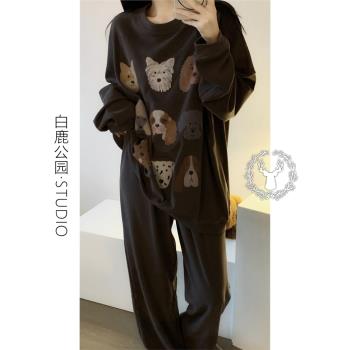 慵懶風可愛小狗德絨睡衣女款冬季2025新款加絨加厚家居服保暖套裝