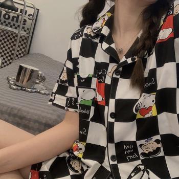 韓國女黑色棋盤格史努比純棉睡衣