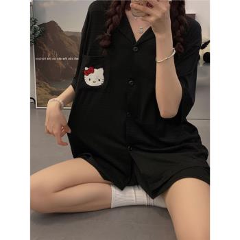 夏季黑色hellokitty睡衣女生短袖短褲薄款棉日系小翻領家居服套裝
