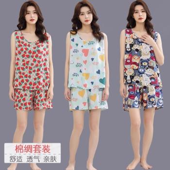綿綢睡衣女款夏季寬松大碼無袖棉綢套裝女士背心短褲人造棉家居服