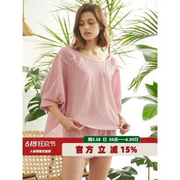 朵朵可可家居服 20春夏新款 女士優雅全棉蕾絲中袖短褲睡衣套裝