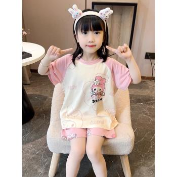 新款迪士尼美樂蒂親子母女純棉睡衣夏季短袖短褲兒童女孩子家居服