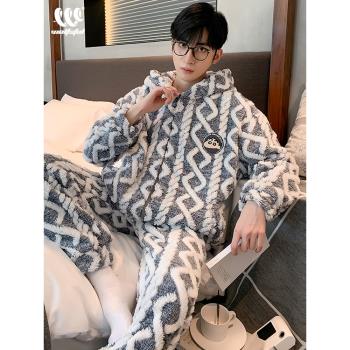 蠟筆小新睡衣男士冬季珊瑚絨加厚加絨秋冬款青少年外穿家居服套裝