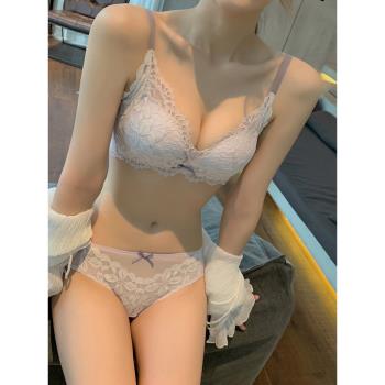 內衣女聚攏小胸親膚無鋼圈調整型收副乳蕾絲甜美少女風文胸套裝