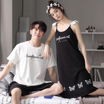 純棉情侶睡衣夏季薄款簡約休閑吊帶睡裙全棉卡通家居服男士女套裝