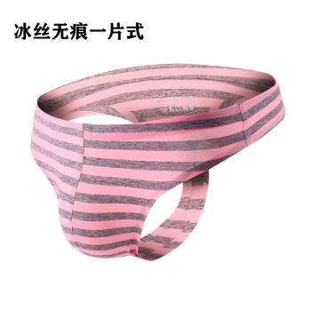 男士無痕丁字褲性感t褲冰絲內褲騷青年條紋一片式無縫三角褲衩夏