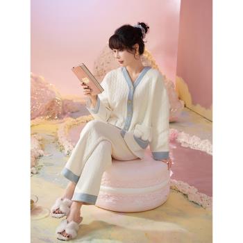 思莉太太睡衣冬季女純棉夾層保暖空氣棉秋冬全棉加厚奶白色家居服