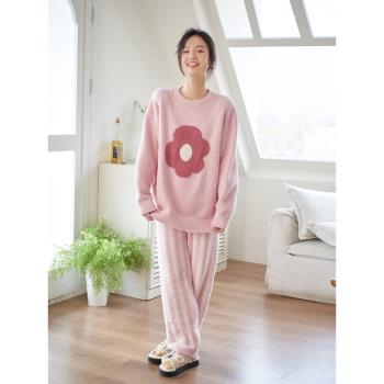 思莉太太半邊絨睡衣女冬季加厚加絨粉色少女甜美軟妹秋冬款家居服