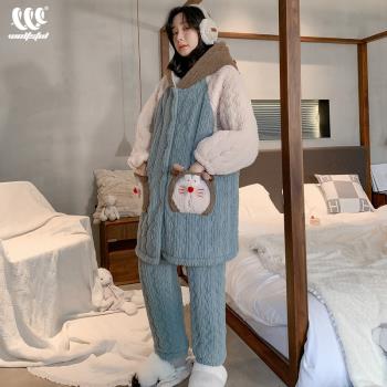 女士睡衣秋冬款冬季珊瑚絨夾棉加厚加絨法蘭絨卡通家居服冬天套裝