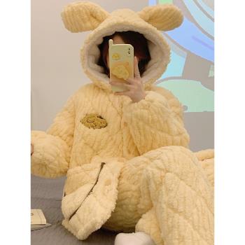 睡衣女家居服2024年新款毛絨加厚秋冬季珊瑚絨法蘭絨三層夾棉套裝