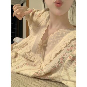 復古宮廷風甜美小碎花睡衣女款夏季網紅蕾絲短袖可外穿家居服套裝