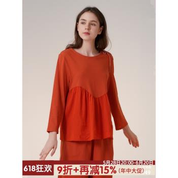 朵朵可可2024春夏新款橘紅針織睡衣女套頭長袖八分褲家居服套裝
