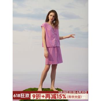 朵朵可可甜美睡衣女夏薄款純棉V領無袖中褲家居服套裝送眼罩袋子