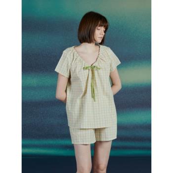 朵朵可可甜美小清新格子睡衣女夏絲光純棉套頭短袖短褲家居服套裝