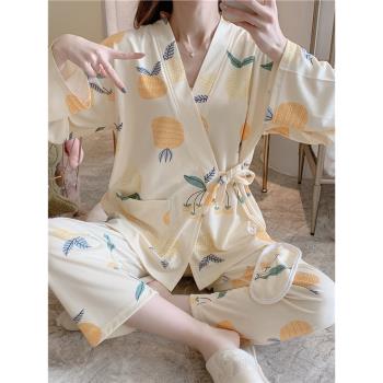 日系和服春秋季純棉睡衣女長袖ins風清新可愛菠蘿學生休閑家居服