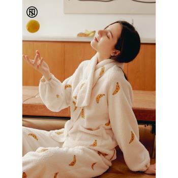 NoirTease奈黎詩秋冬加絨加厚睡衣女士V領收口保暖家居服兩件套裝
