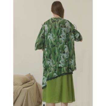 朵朵可可甜美純棉印花睡衣女春夏吊帶睡裙七分袖開衫兩件套家居服
